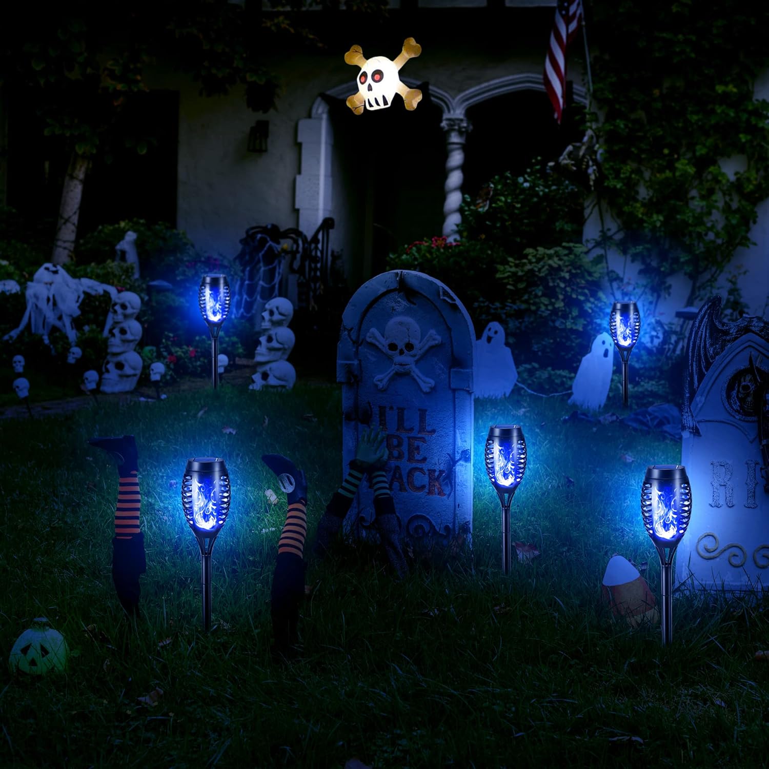 (Red) 6 Pack Solar Flickering Dancing Flame Lights Blue Waterproof Solar Torch Lights for Outdoor Garden Patio Pathway Yard Driveway Halloween Decorative