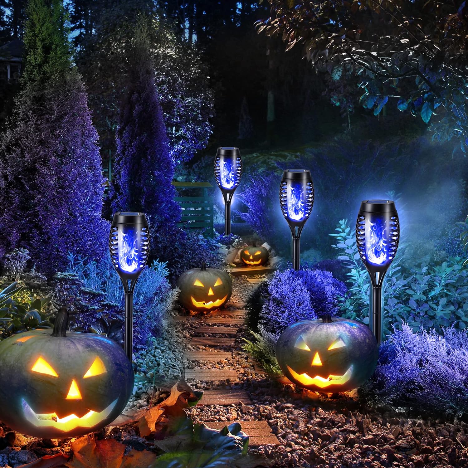 (Red) 6 Pack Solar Flickering Dancing Flame Lights Blue Waterproof Solar Torch Lights for Outdoor Garden Patio Pathway Yard Driveway Halloween Decorative
