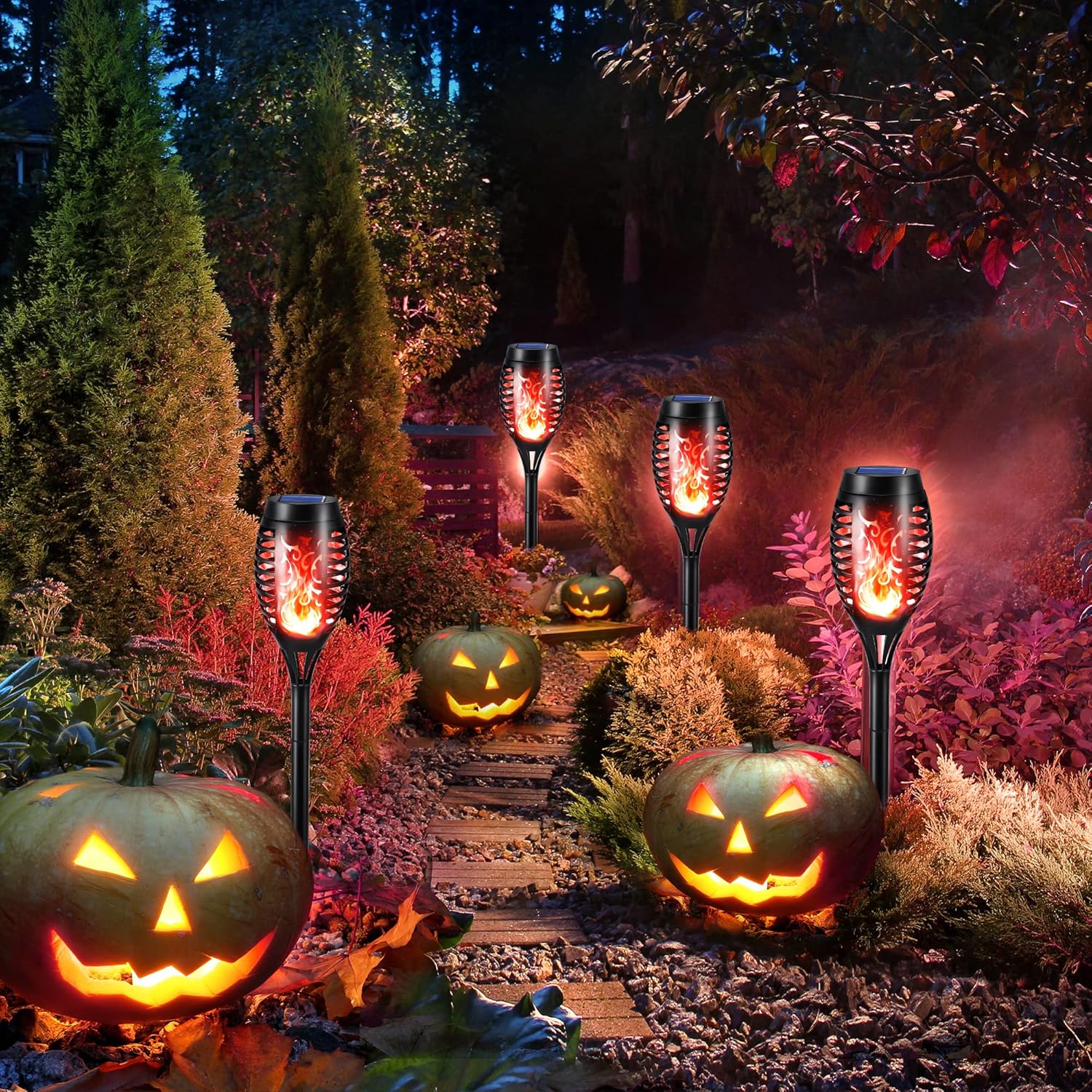 (Red) 6 Pack Solar Flickering Dancing Flame Lights Blue Waterproof Solar Torch Lights for Outdoor Garden Patio Pathway Yard Driveway Halloween Decorative