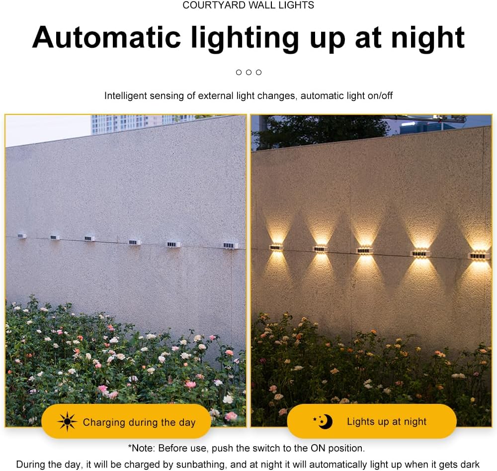 (4 pcs) Solar Wall Lights Outdoor 8 LED Solar Fence Lights Outdoor Waterproof LED Up and Down Wall Light 3000K Warm White Garden Wall Lights for Porch Patio Garage 