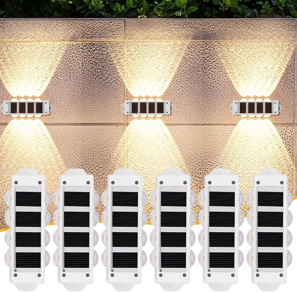 (4 pcs) Solar Wall Lights Outdoor 8 LED Solar Fence Lights Outdoor Waterproof LED Up and Down Wall Light 3000K Warm White Garden Wall Lights for Porch Patio Garage 