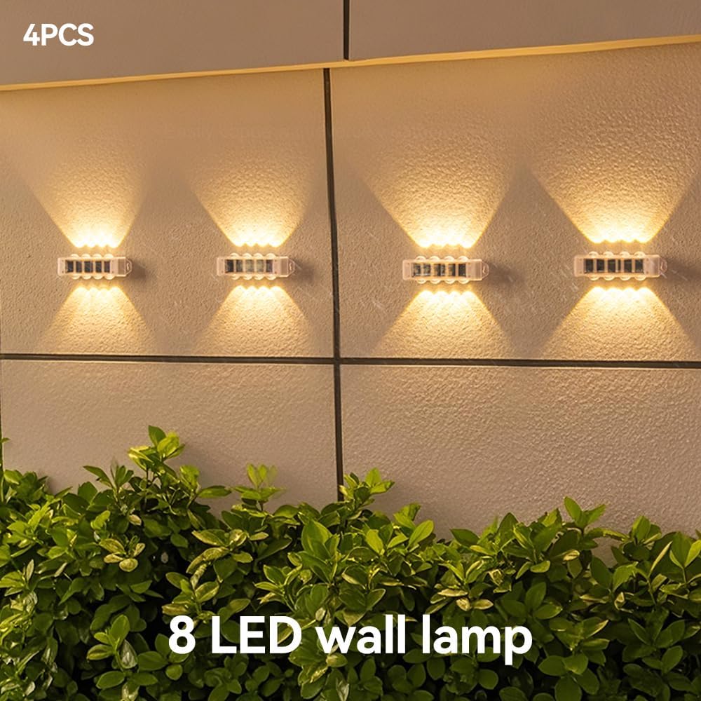 (4 pcs) Solar Wall Lights Outdoor 8 LED Solar Fence Lights Outdoor Waterproof LED Up and Down Wall Light 3000K Warm White Garden Wall Lights for Porch Patio Garage 