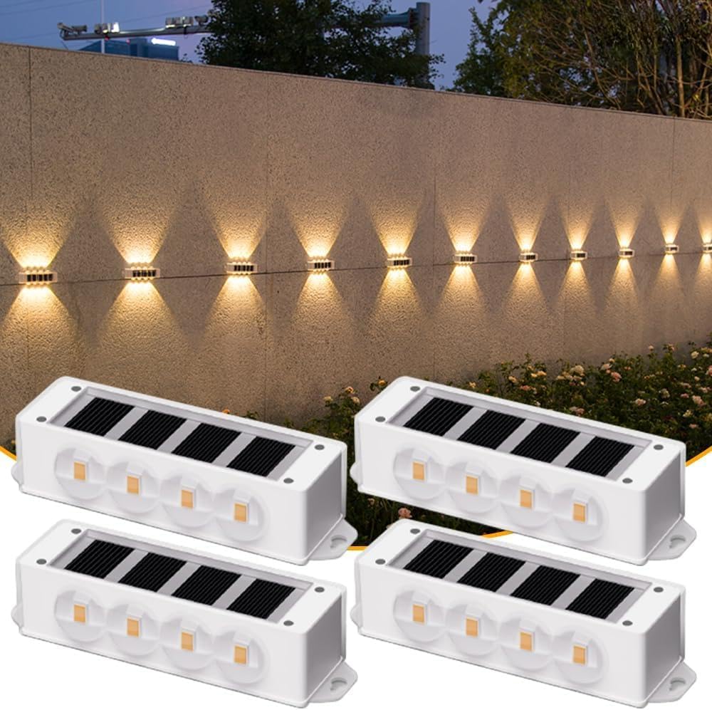 (4 pcs) Solar Wall Lights Outdoor 8 LED Solar Fence Lights Outdoor Waterproof LED Up and Down Wall Light 3000K Warm White Garden Wall Lights for Porch Patio Garage 