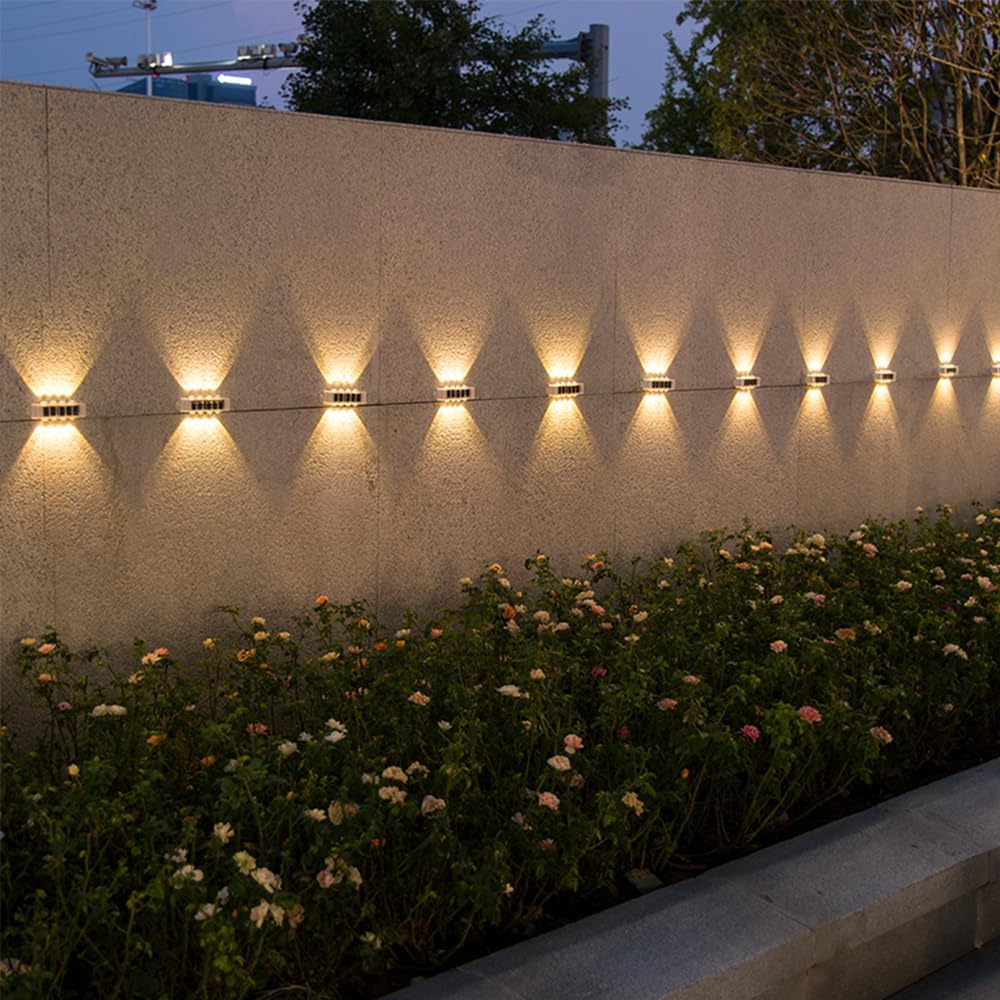 (4 pcs) Solar Wall Lights Outdoor 8 LED Solar Fence Lights Outdoor Waterproof LED Up and Down Wall Light 3000K Warm White Garden Wall Lights for Porch Patio Garage 