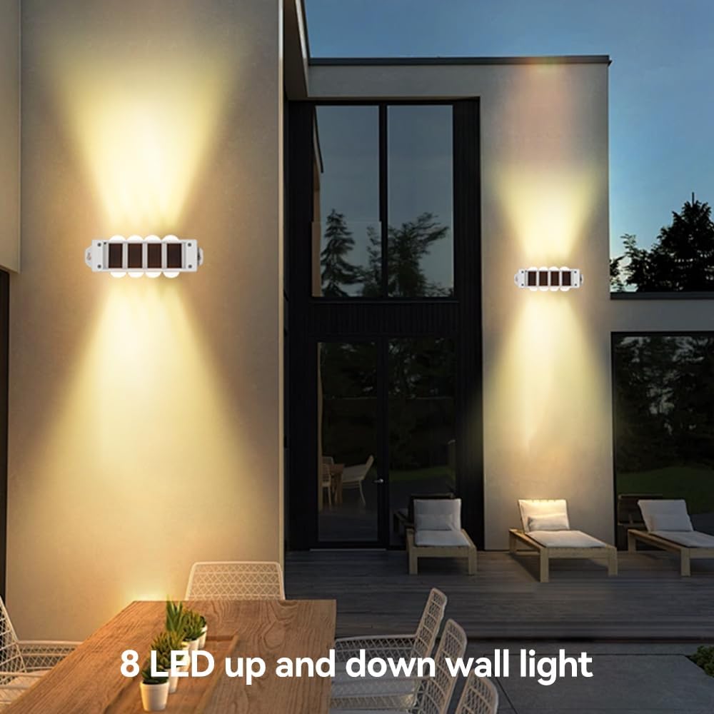 (4 pcs) Solar Wall Lights Outdoor 8 LED Solar Fence Lights Outdoor Waterproof LED Up and Down Wall Light 3000K Warm White Garden Wall Lights for Porch Patio Garage 