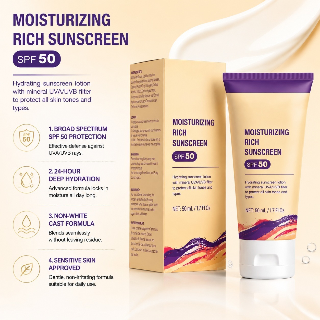 Moisturizing Protective Cream SPF50 For UV Defense And Daily Shielding Broad Spectrum Sun Block Neutral Packaging