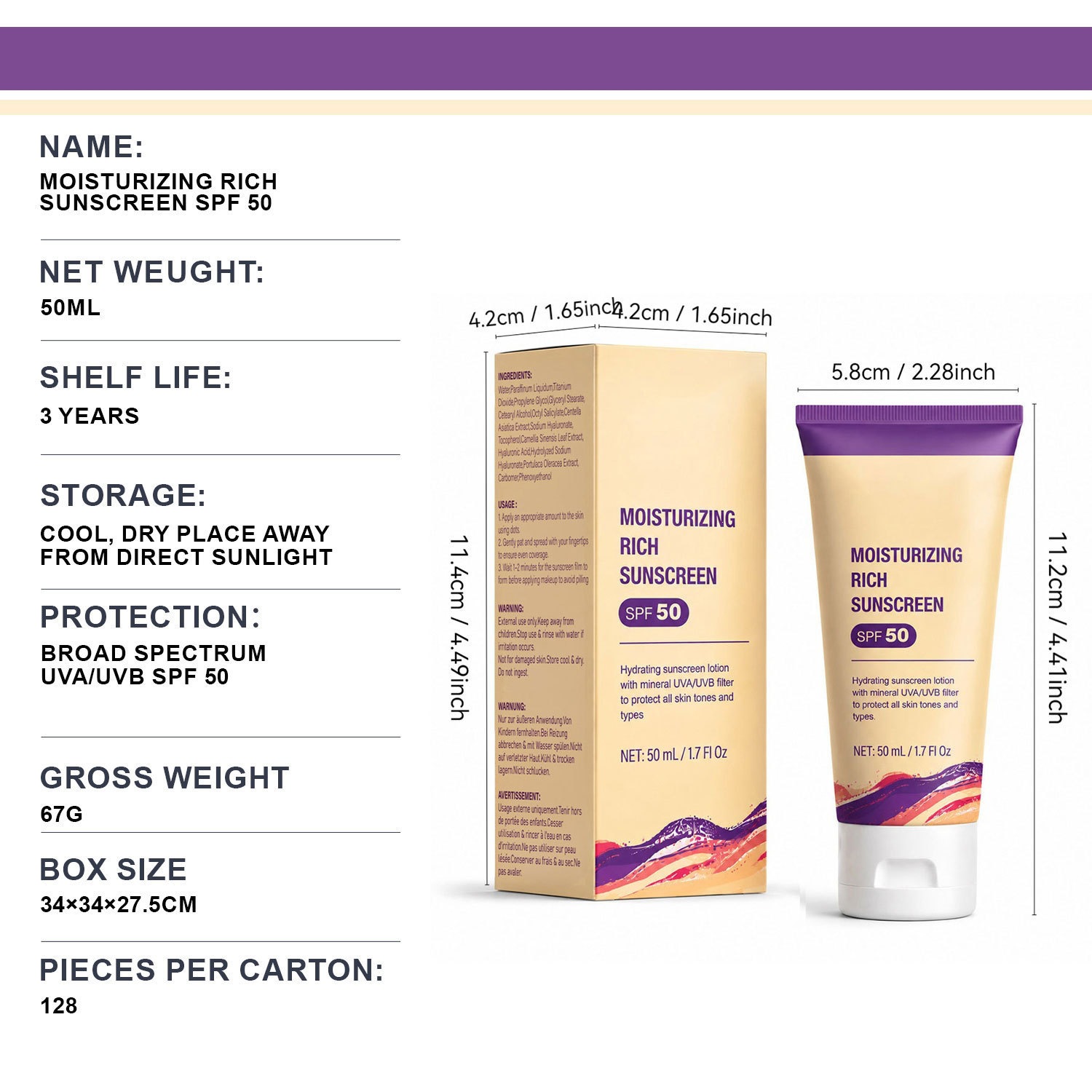 Moisturizing Protective Cream SPF50 For UV Defense And Daily Shielding Broad Spectrum Sun Block Neutral Packaging