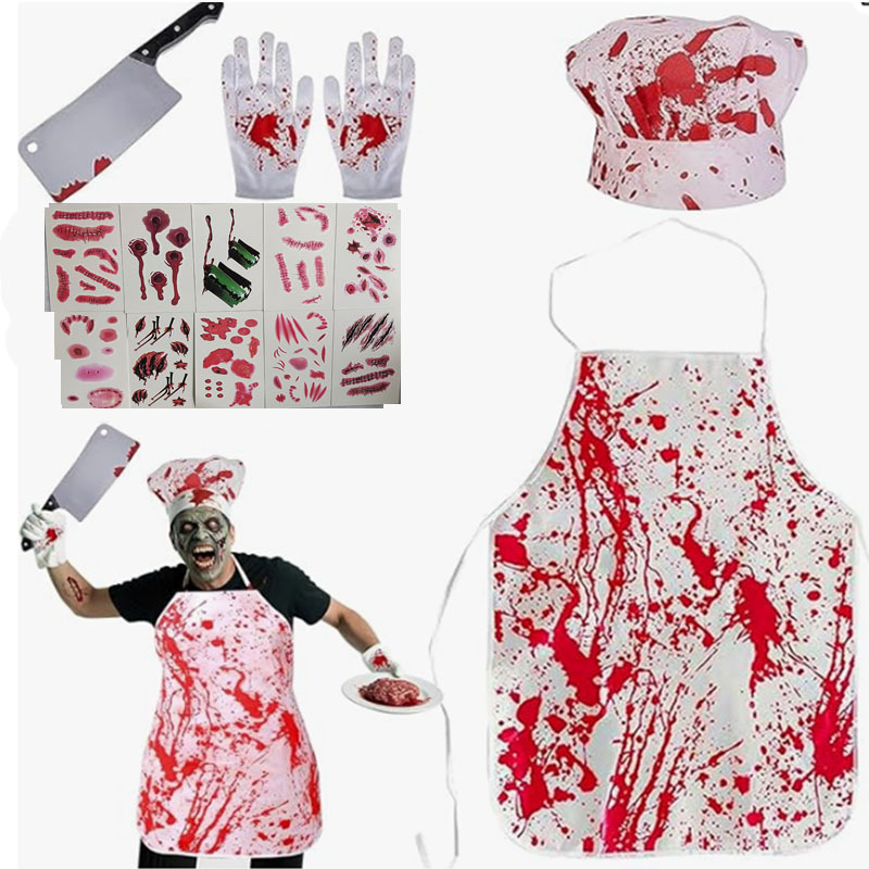 (B) Bloody Apron Horror Halloween Bloody Butcher Apron Set Horror Cosplay Costume Props