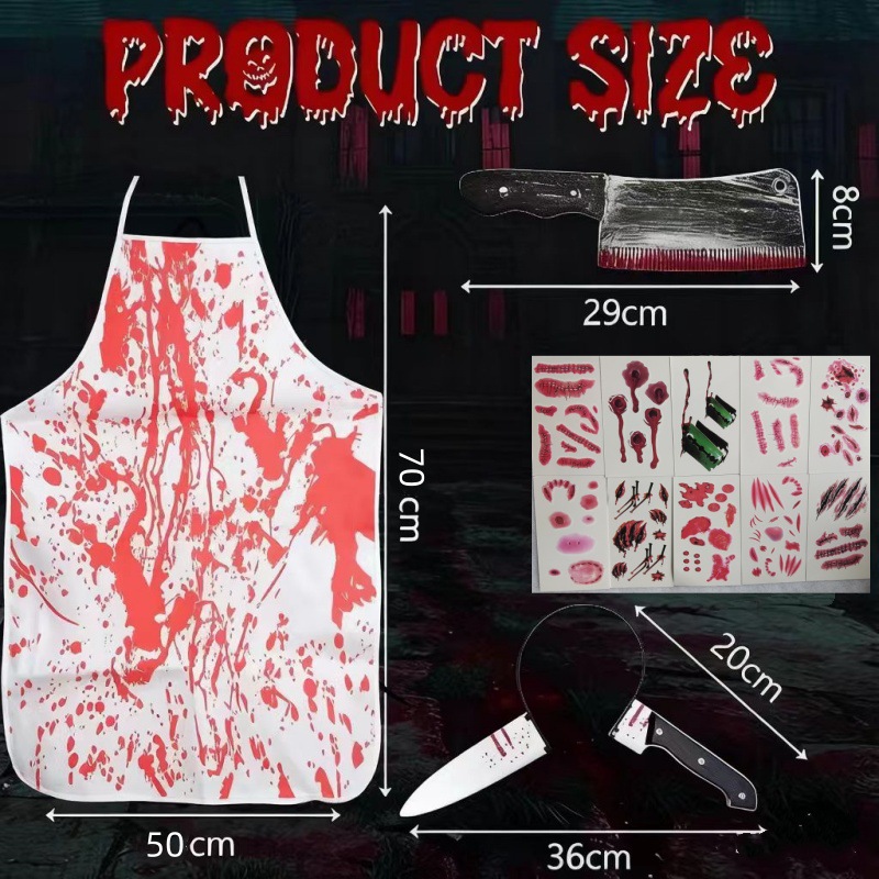 (B) Bloody Apron Horror Halloween Bloody Butcher Apron Set Horror Cosplay Costume Props