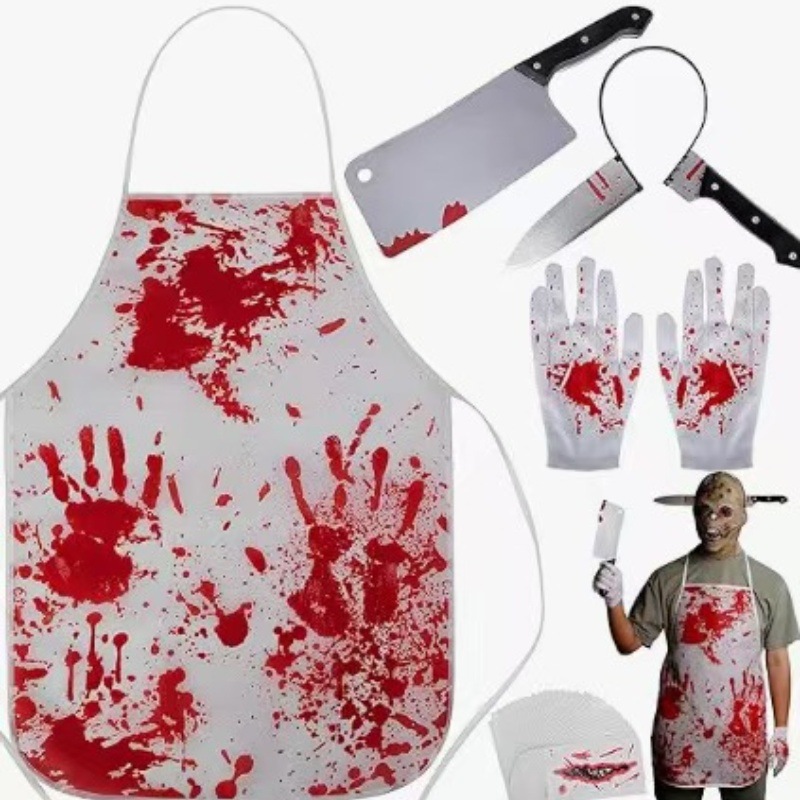 (B) Bloody Apron Horror Halloween Bloody Butcher Apron Set Horror Cosplay Costume Props