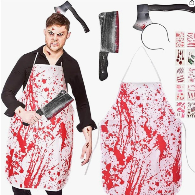 (B) Bloody Apron Horror Halloween Bloody Butcher Apron Set Horror Cosplay Costume Props