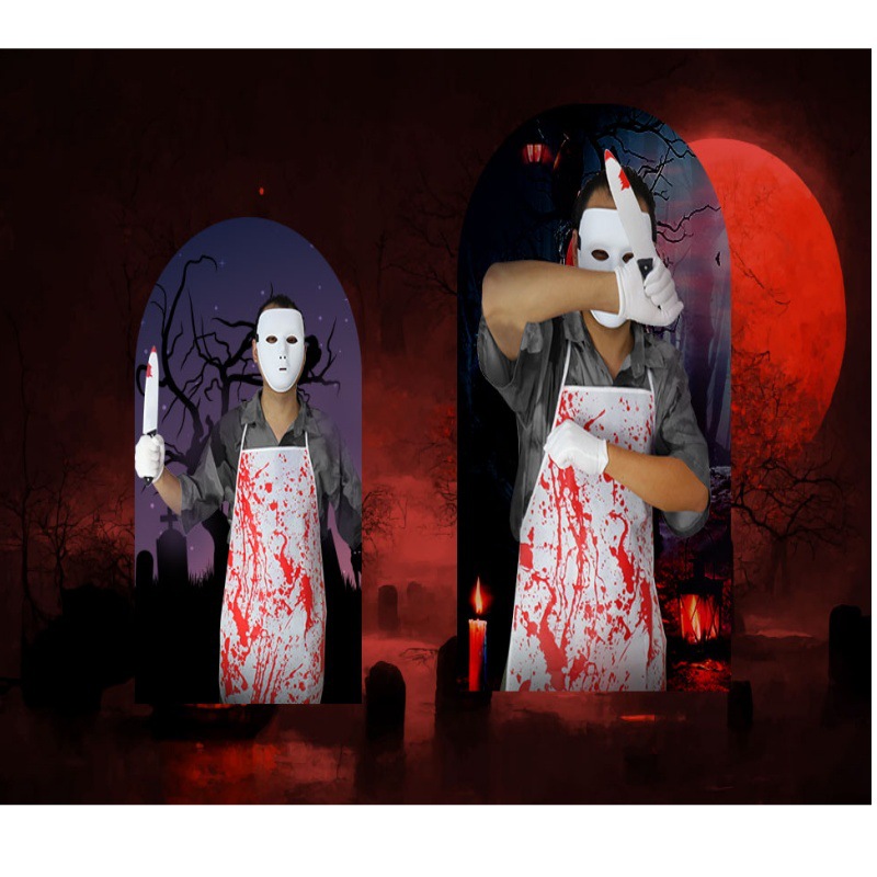 (B) Bloody Apron Horror Halloween Bloody Butcher Apron Set Horror Cosplay Costume Props