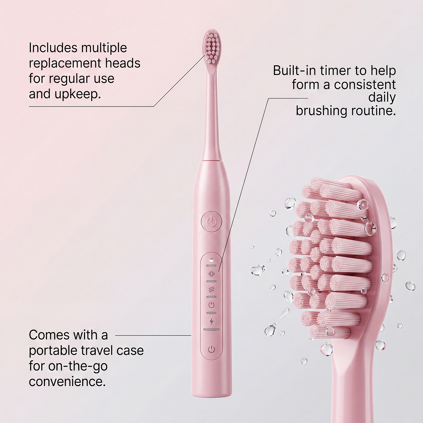 Electric Toothbrush Pink 2 Brush Heads Usb Charging Soft Bristles Clean Teeth Stains Protect Gums