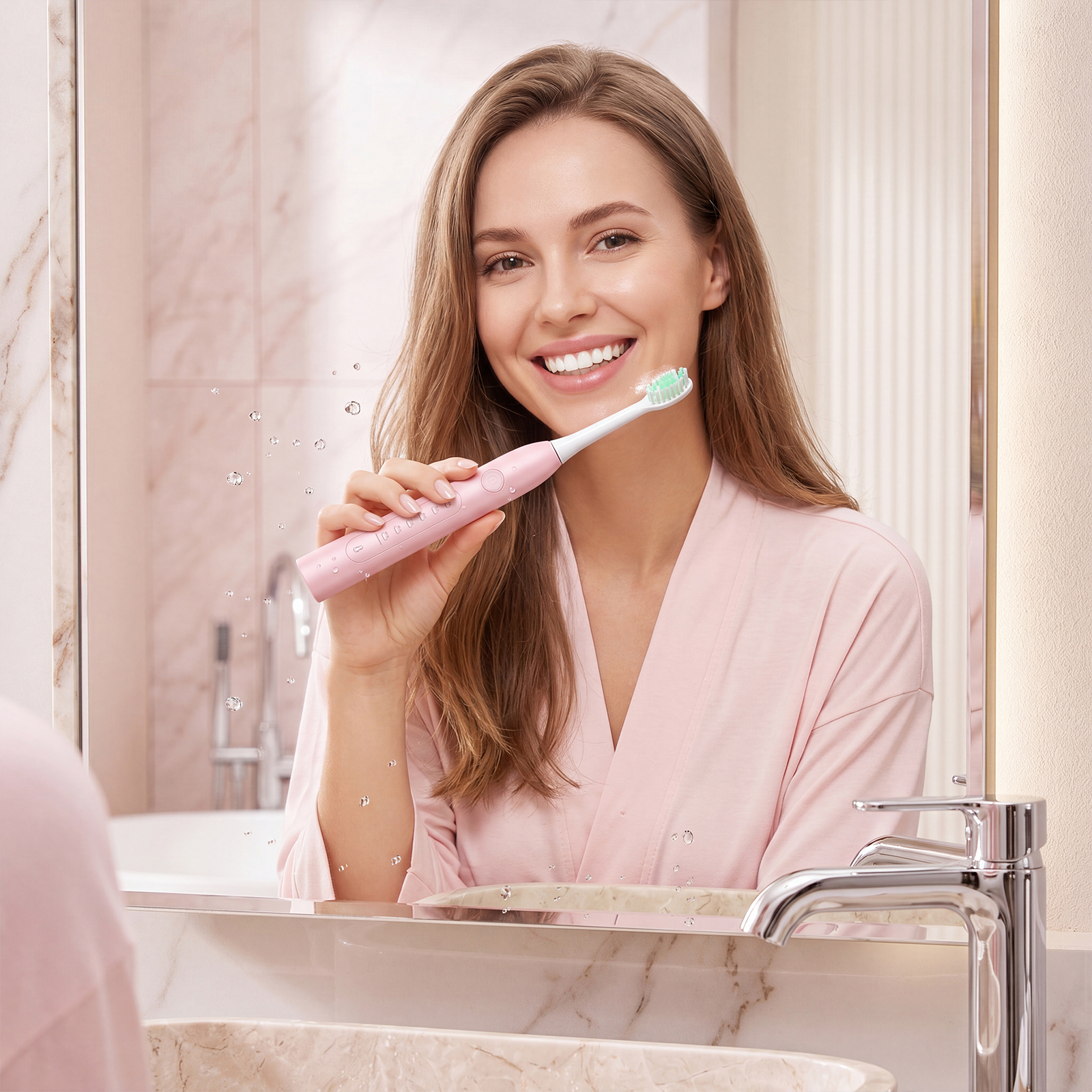 Electric Toothbrush Pink 2 Brush Heads Usb Charging Soft Bristles Clean Teeth Stains Protect Gums