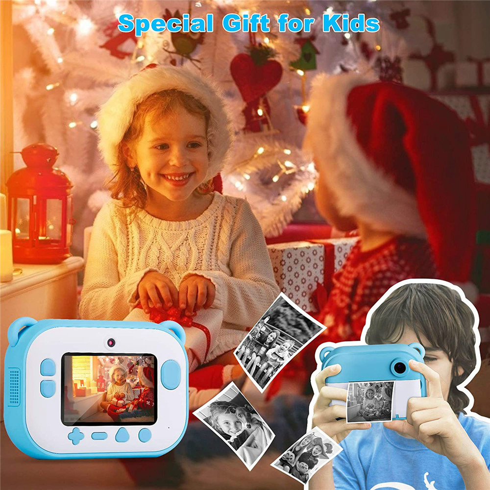 (Blue) Kids Instant Print Camera Video Photo Camera No Ink Instant Camera Mini Educational Toys 1080P Projection HD Screen Birthday Holiday Christmas Gift for Kids Girls Boys Teens