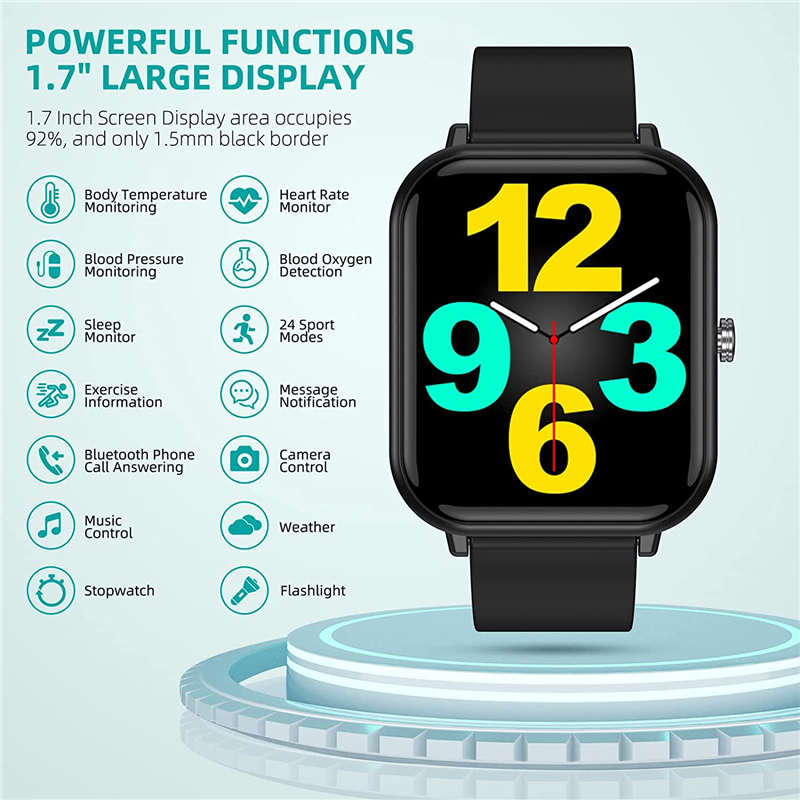 (Blue) Smart Watch 1.7 Inch Bluetooth Heart Rate Monitor SpO2 Men Sport Fitness Tracker IP68 Waterproof Women Smartwatch Clock