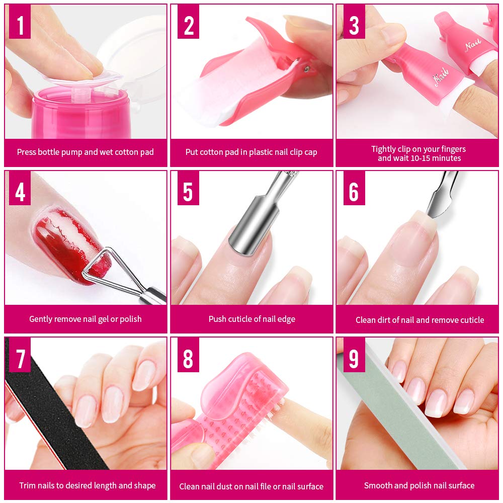 Nail Polish Gel Remover Tools 17pcs Kit Nail File Nail Brush Buffer Block Cuticle Pusher Cuticle Peeler Nail Polish Remover Bottle Nail Remover Cotton Pad for Nail Arts