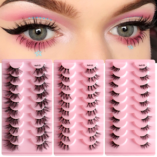 False Eyelashes Half Lashes Curl Faux Mink Lashes Fake Lashes Lightweight Fluffy Long Dramatic 10 Pairs Pack