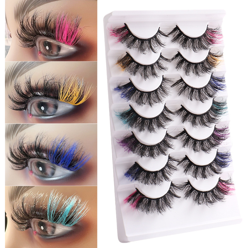 False Eyelashes Colored Fluffy Mink Lashes Curl Fake Eyelashes 8D Dramatic Wispy Lashes Extensions Natural Look Color Mixed 7 Pairs
