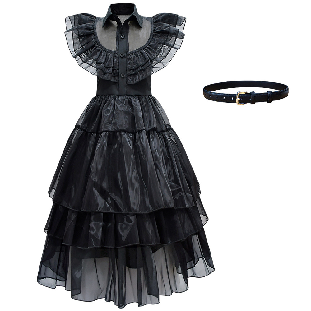 (110~120cm) Wednesday Addams Costume Dress for Girls Dress Up Fancy Halloween Cosplay Outfit Christmas Party