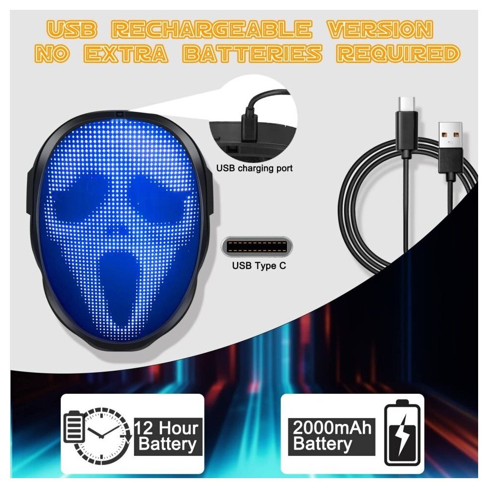 LED Mask Programmable App Control Halloween Costume Party Rave Club