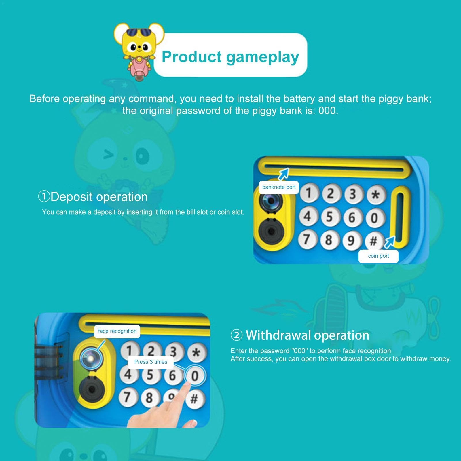 (Blue) Piggy Bank Boalord ATM with Password Login Face Recognition Educational Money Box