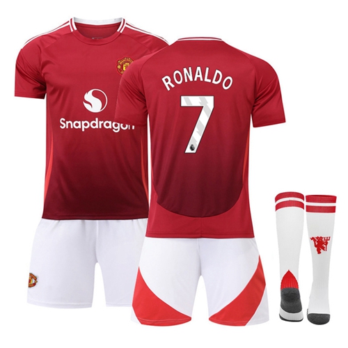 2425 Manchester United Home Kids Football Jersey No.7 Ronaldo Boys Girls Youth Trainshirts Jersey Football Suit Soccer Jersey Shorts Set Fans Gifts