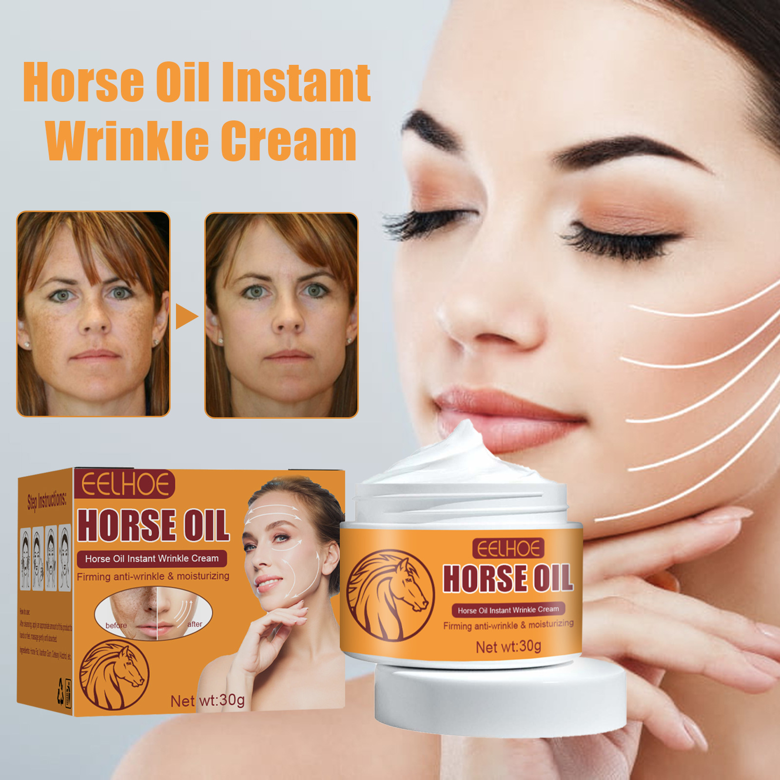 (1 PC) Horse Oil Instant Anti Wrinkle Cream Brightening Smooth Firming Lifting Anti Aging Fade Fine Lines Spot Moisturizing Whitening Repair Skin Skin Rejuvenation