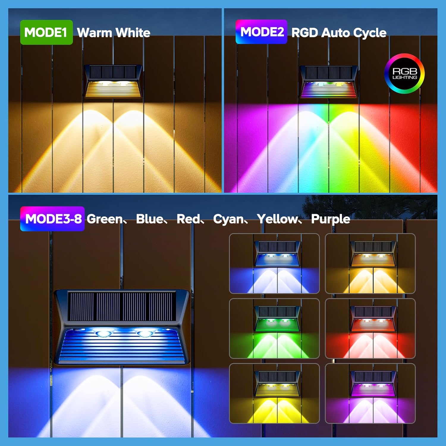 Solar Fence Lights Outdoor Garden 4 Pack 3000K RGB Colour Wall Solar Lights with 8 Lighting Modes IP65 Waterproof Garden Fence Lights Solar Powerd for Patio 