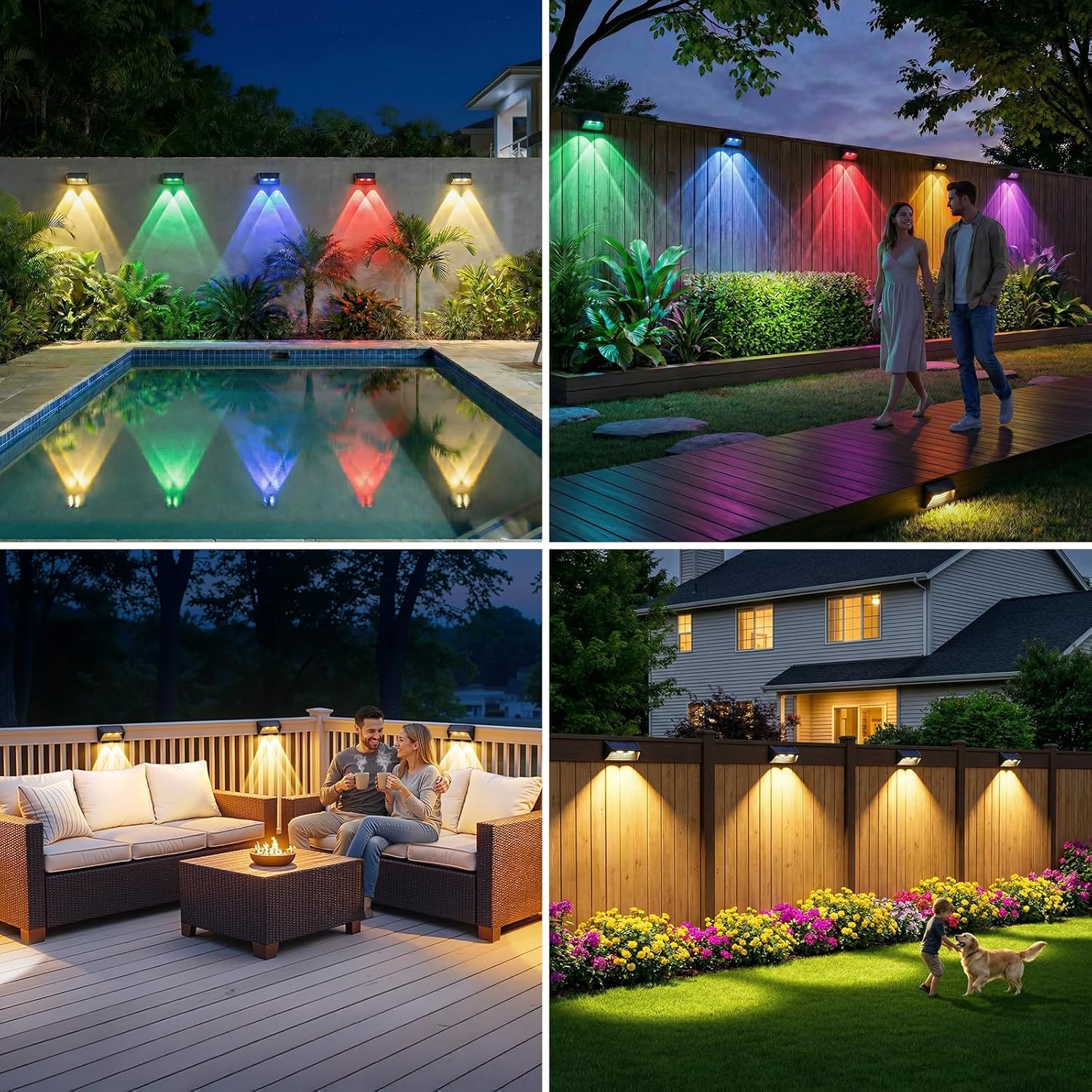 Solar Fence Lights Outdoor Garden 4 Pack 3000K RGB Colour Wall Solar Lights with 8 Lighting Modes IP65 Waterproof Garden Fence Lights Solar Powerd for Patio 