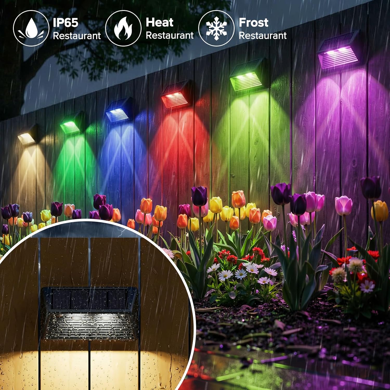 Solar Fence Lights Outdoor Garden 4 Pack 3000K RGB Colour Wall Solar Lights with 8 Lighting Modes IP65 Waterproof Garden Fence Lights Solar Powerd for Patio 