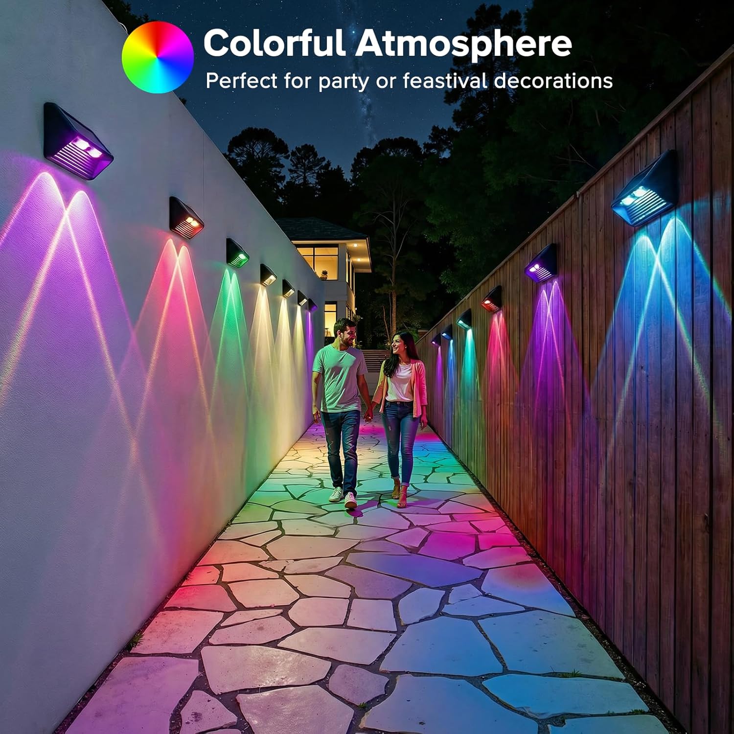 Solar Fence Lights Outdoor Garden 4 Pack 3000K RGB Colour Wall Solar Lights with 8 Lighting Modes IP65 Waterproof Garden Fence Lights Solar Powerd for Patio 