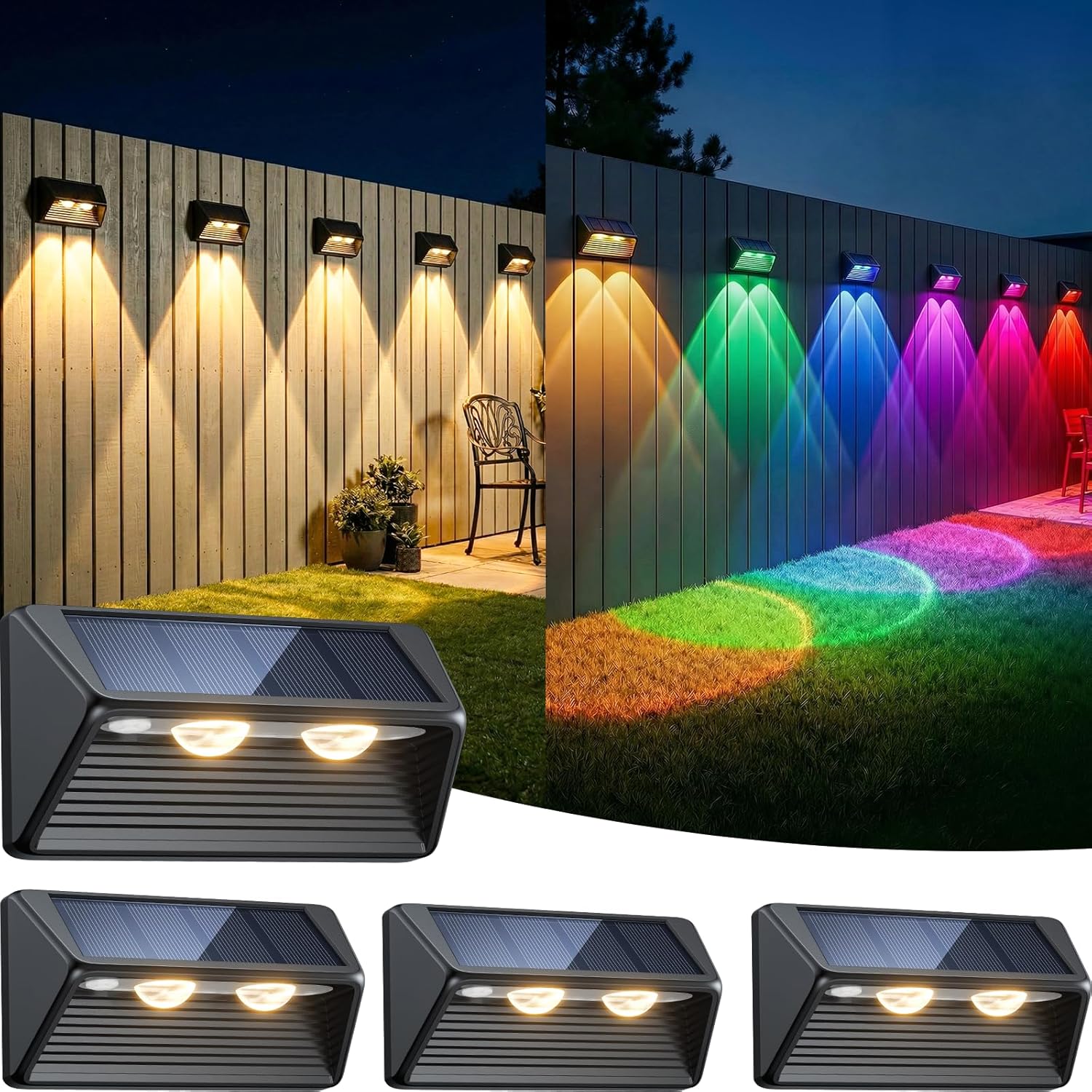 Solar Fence Lights Outdoor Garden 4 Pack 3000K RGB Colour Wall Solar Lights with 8 Lighting Modes IP65 Waterproof Garden Fence Lights Solar Powerd for Patio 