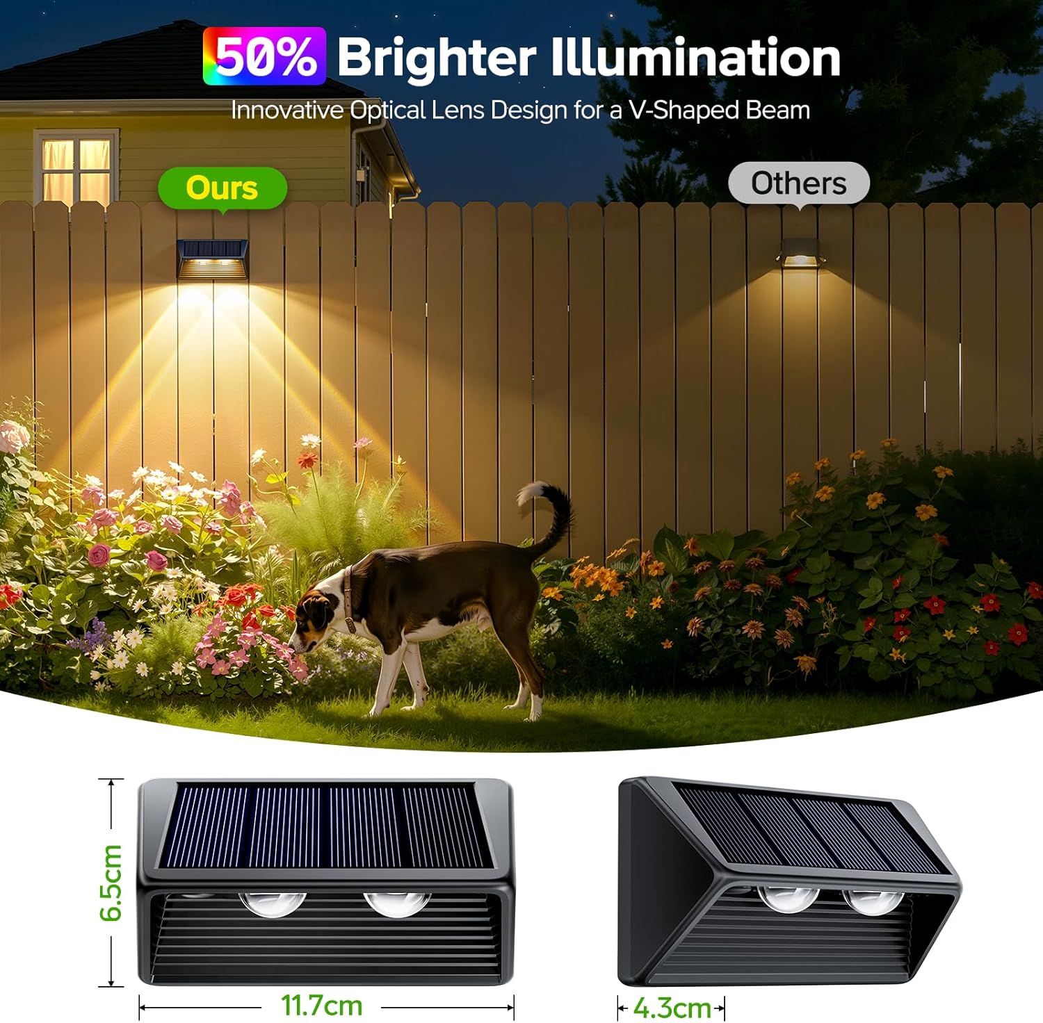 Solar Fence Lights Outdoor Garden 4 Pack 3000K RGB Colour Wall Solar Lights with 8 Lighting Modes IP65 Waterproof Garden Fence Lights Solar Powerd for Patio 
