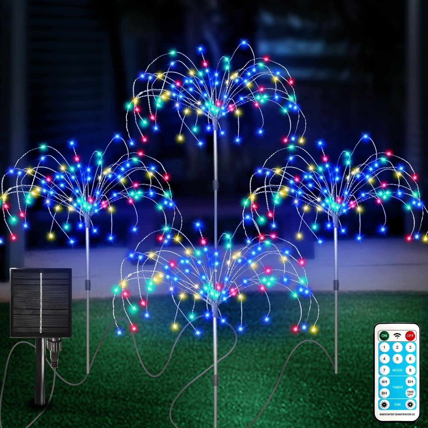(Multicolor) Solar Garden Lights Outdoor 4 Pcs Solar Fireworks Lights Garden Ornaments with Remote Control 8 Modes 420 LEDs Waterproof Outdoor Light Decorations for Lawn 