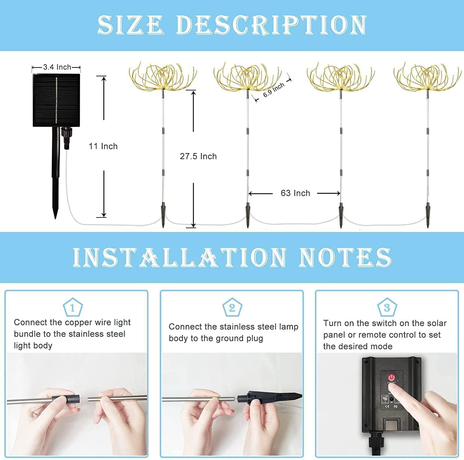 (Multicolor) Solar Garden Lights Outdoor 4 Pcs Solar Fireworks Lights Garden Ornaments with Remote Control 8 Modes 420 LEDs Waterproof Outdoor Light Decorations for Lawn 