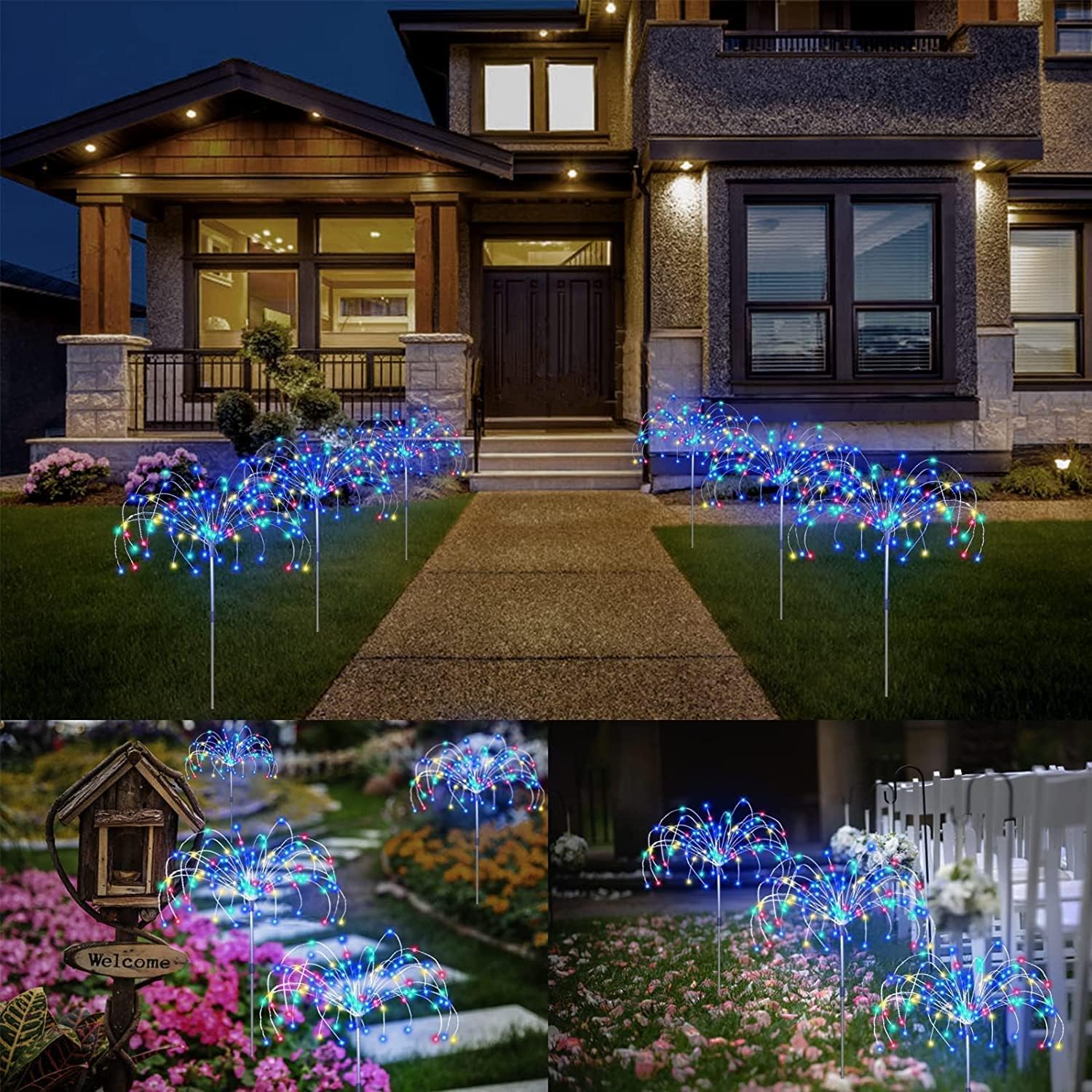 (Multicolor) Solar Garden Lights Outdoor 4 Pcs Solar Fireworks Lights Garden Ornaments with Remote Control 8 Modes 420 LEDs Waterproof Outdoor Light Decorations for Lawn 