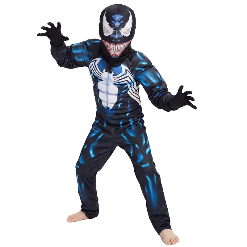 (L) Kids Venom Spider Superhero Muscle Costume Halloween Mask Cosplay Outfit Boys and Girl Festival Performance Costumes with Gloves
