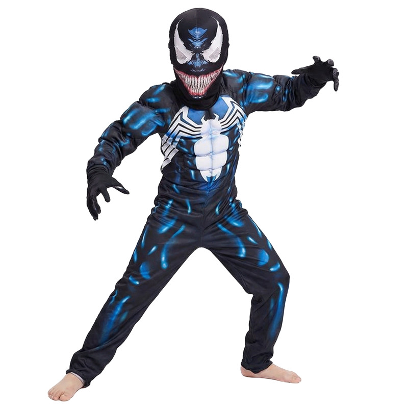 (L) Kids Venom Spider Superhero Muscle Costume Halloween Mask Cosplay Outfit Boys and Girl Festival Performance Costumes with Gloves