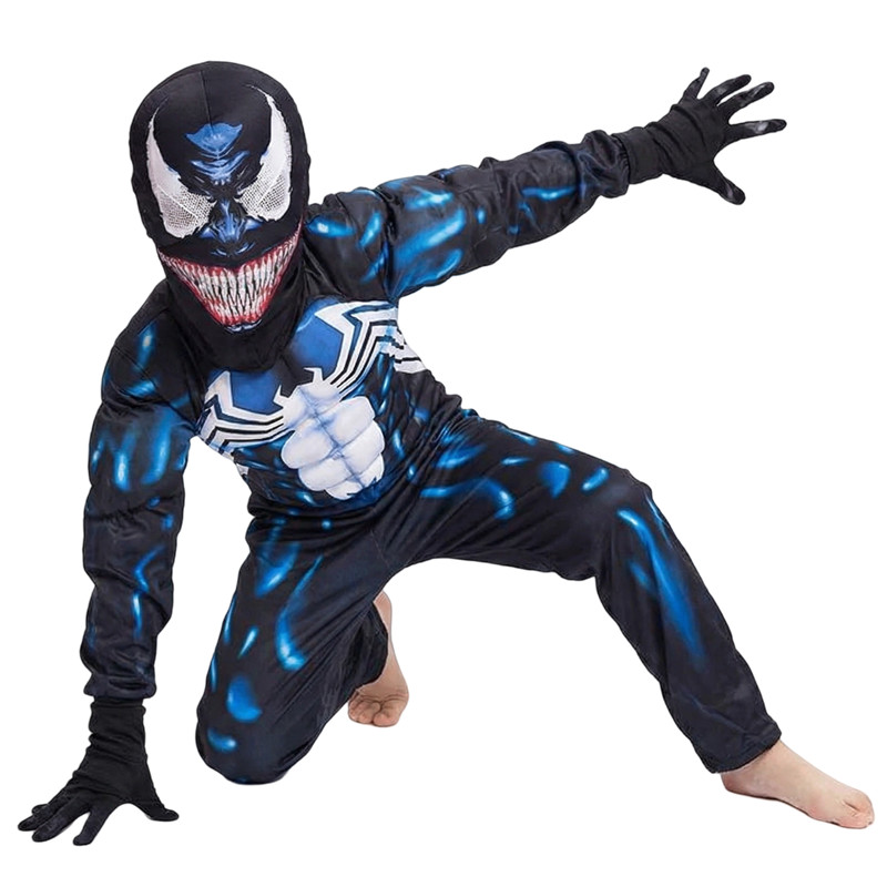 (L) Kids Venom Spider Superhero Muscle Costume Halloween Mask Cosplay Outfit Boys and Girl Festival Performance Costumes with Gloves