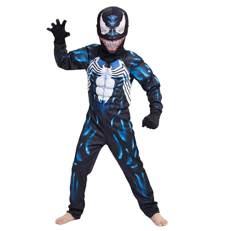 (L) Kids Venom Spider Superhero Muscle Costume Halloween Mask Cosplay Outfit Boys and Girl Festival Performance Costumes with Gloves