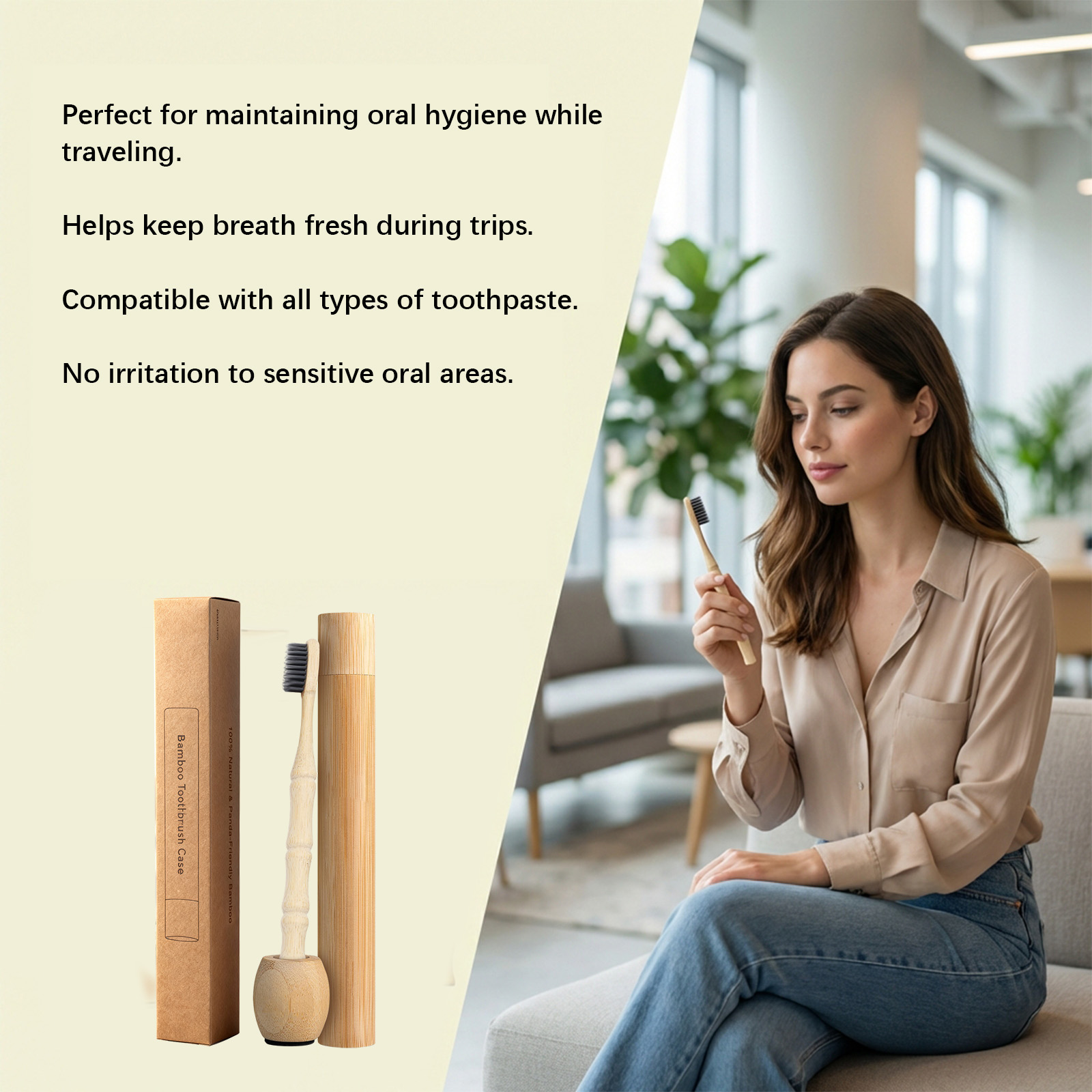 Bamboo Toothbrush Premium Timber Handle Comfortable Grip Matching Base Compact Portable Oral Sanitary Care Supplies