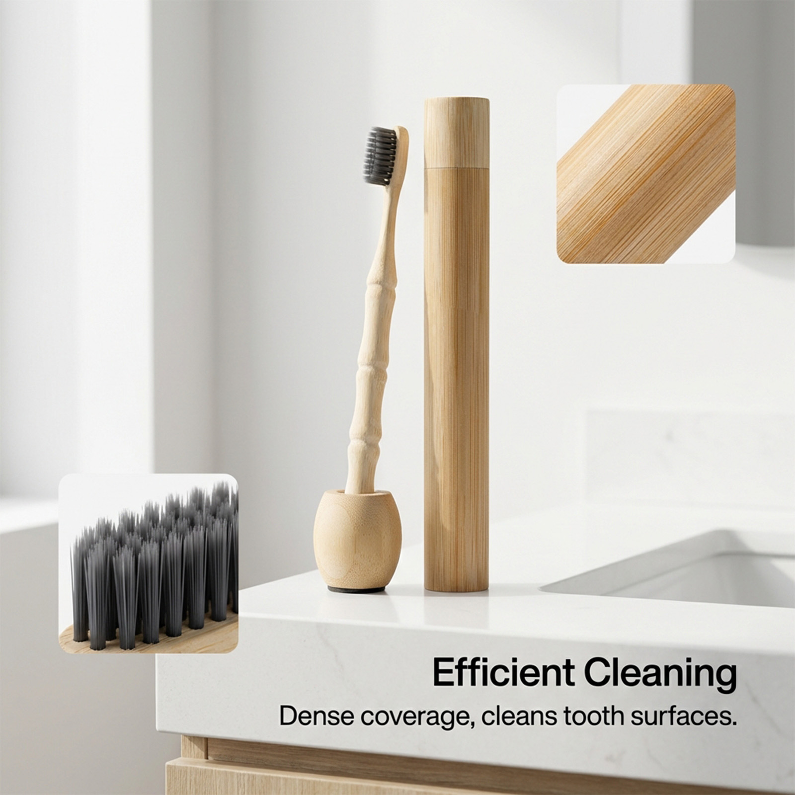 Bamboo Toothbrush Premium Timber Handle Comfortable Grip Matching Base Compact Portable Oral Sanitary Care Supplies