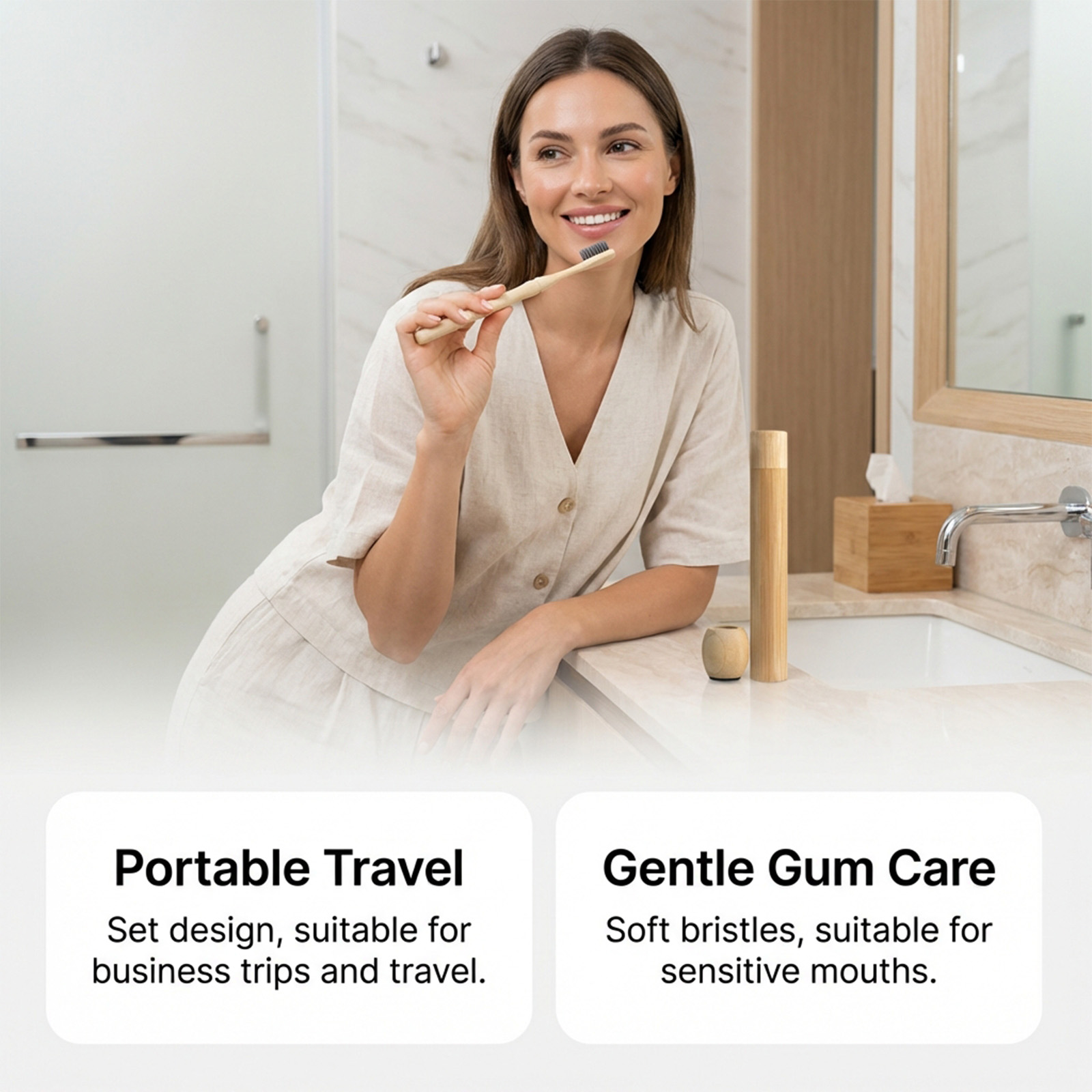 Bamboo Toothbrush Premium Timber Handle Comfortable Grip Matching Base Compact Portable Oral Sanitary Care Supplies