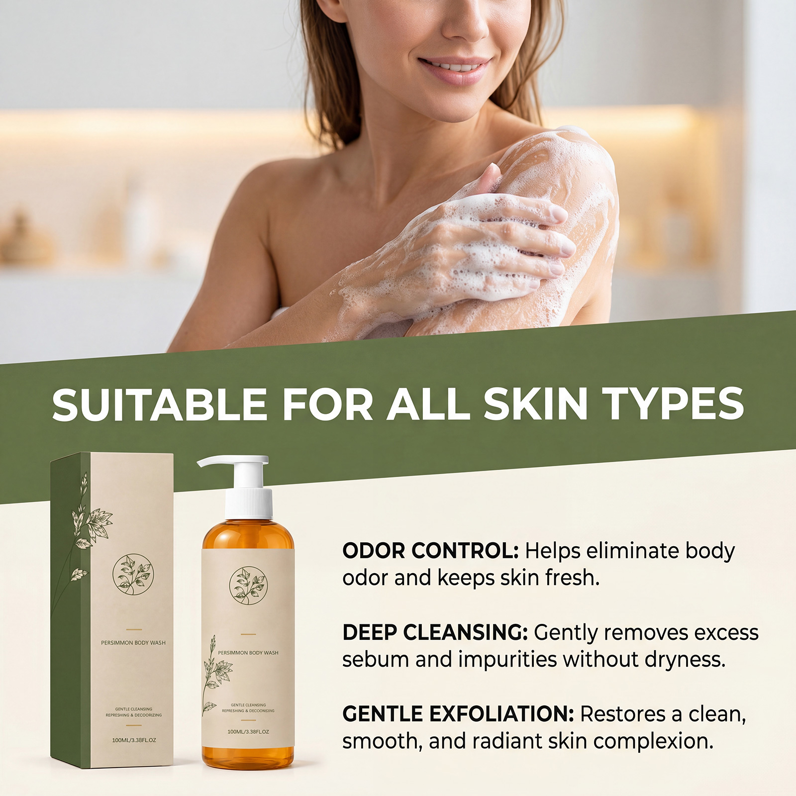 Persimmon Body Wash Odor Removal Care Dense Foam Hydrating Clean Revitalize Whole Skin Cleansing Care