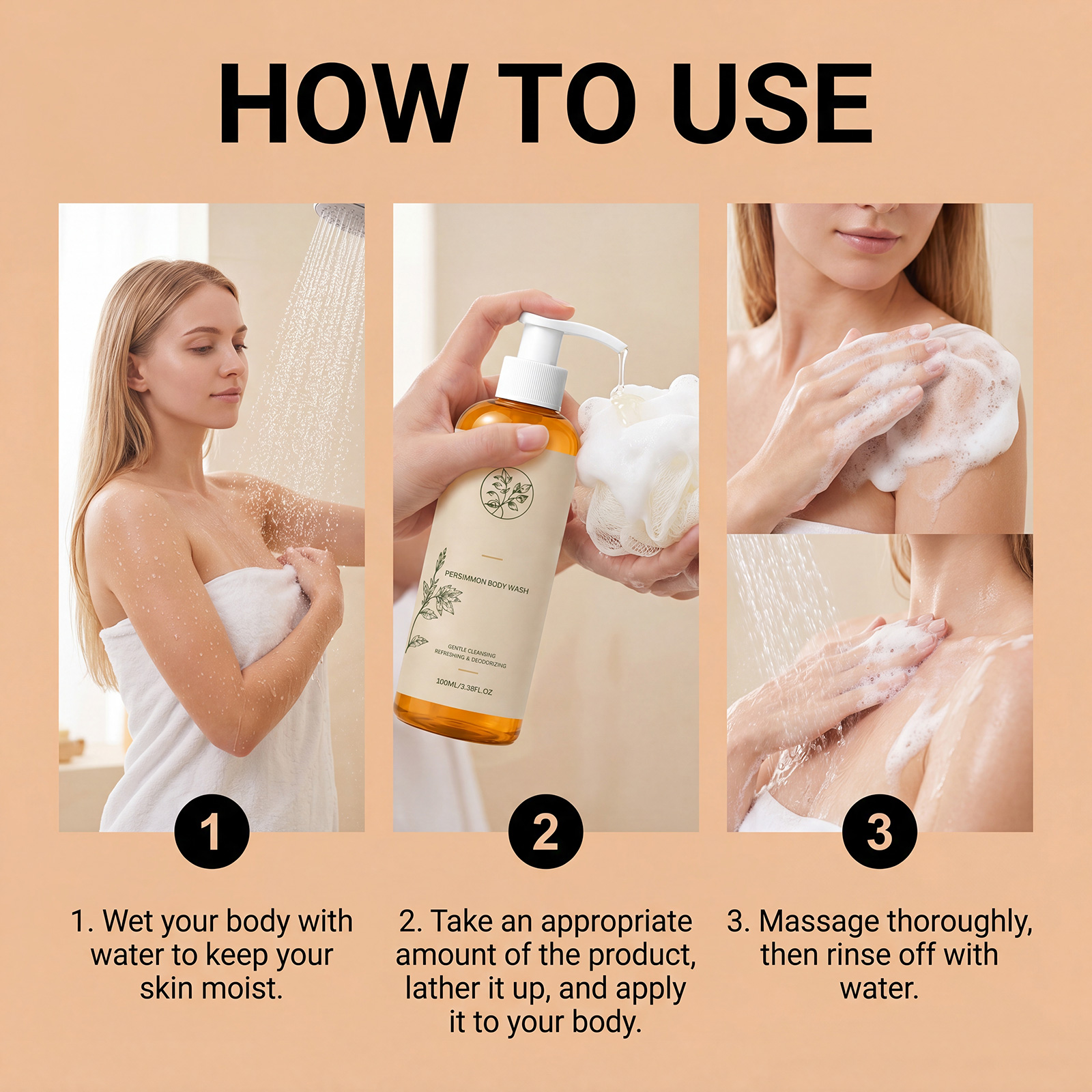 Persimmon Body Wash Odor Removal Care Dense Foam Hydrating Clean Revitalize Whole Skin Cleansing Care