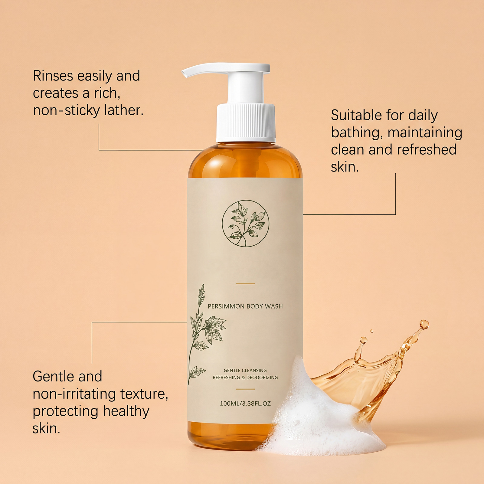 Persimmon Body Wash Odor Removal Care Dense Foam Hydrating Clean Revitalize Whole Skin Cleansing Care