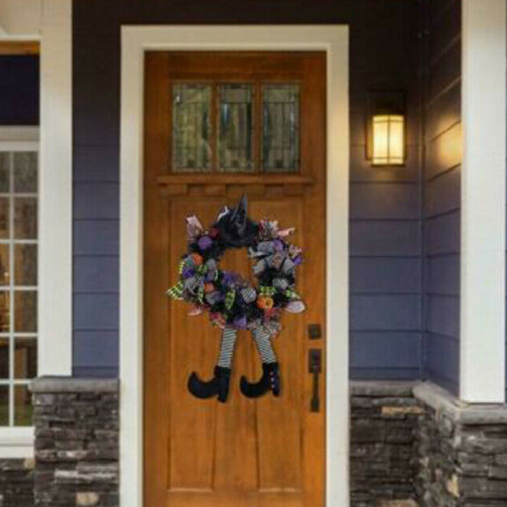 Halloween Front Door Wreath with Hat Witches Legs Pumpkin Hanging for Front Door Porch Window Indoor Outdoor Party Decoration 24 Inchs