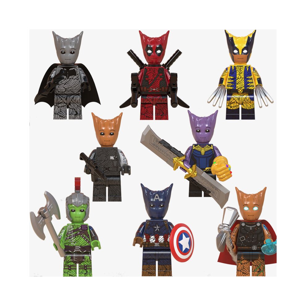 Minifigures Toy Set Marvel Superhero Series Assembled Building Blocks Kit 8PCS Pack Includes Groot Deadpool Batman Hulk Action Figures Bricks Fit Lego Ideal for Christmas Stocking Collection and Display Toy for Kids Adult