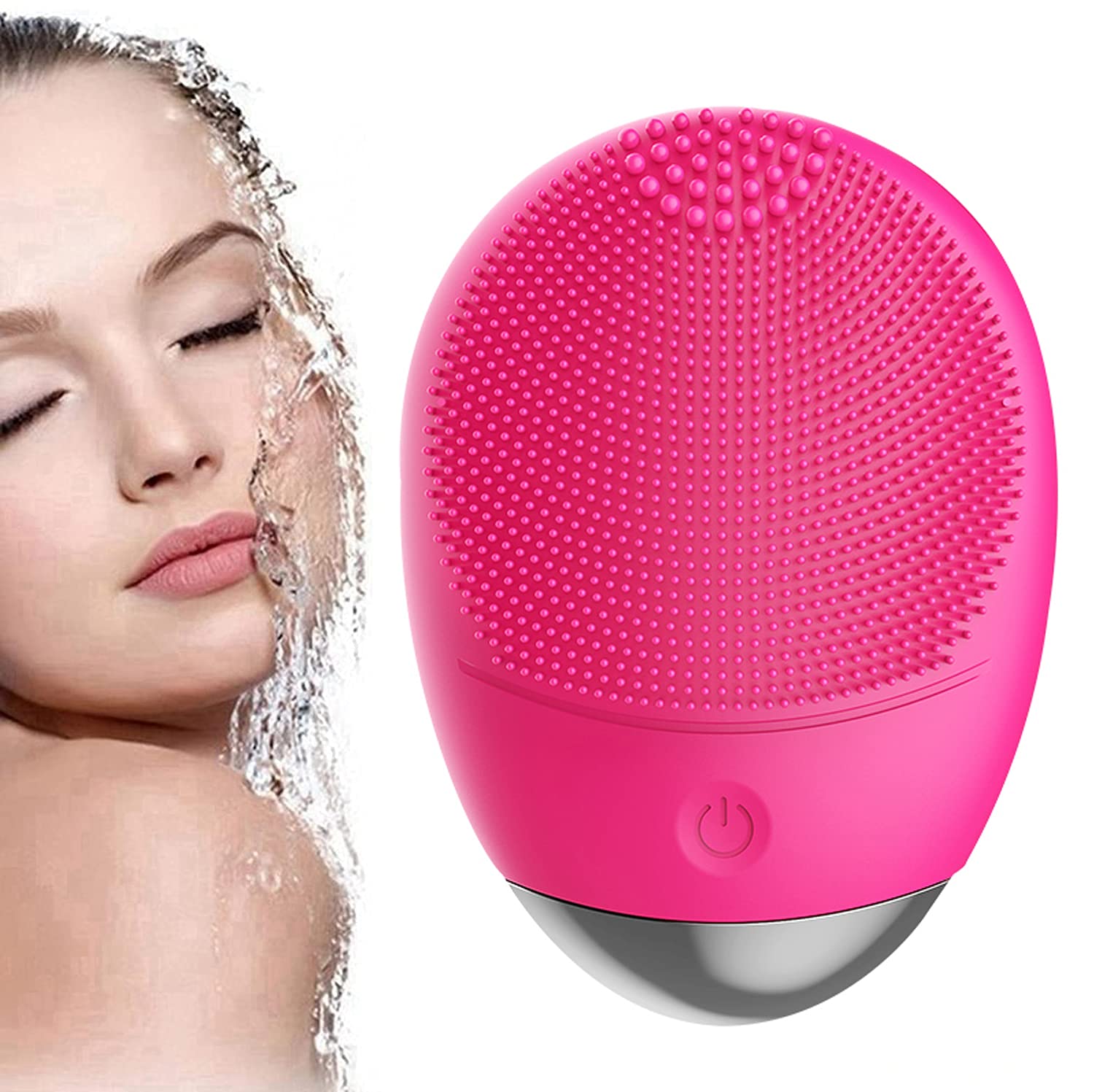 (Rose Red) Electric Silicone Face Cleanser Brush Scrubber Ultrasonic Vibrating Facial Cleansing Brush Facial Massager Tool for Exfoliating Removing Blackhead
